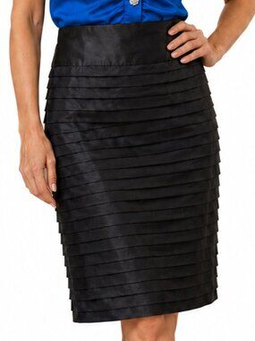 RICKIE FREEMAN for TERI JON Black Silk Pintuck A-Line Cocktail Skirt Size 12